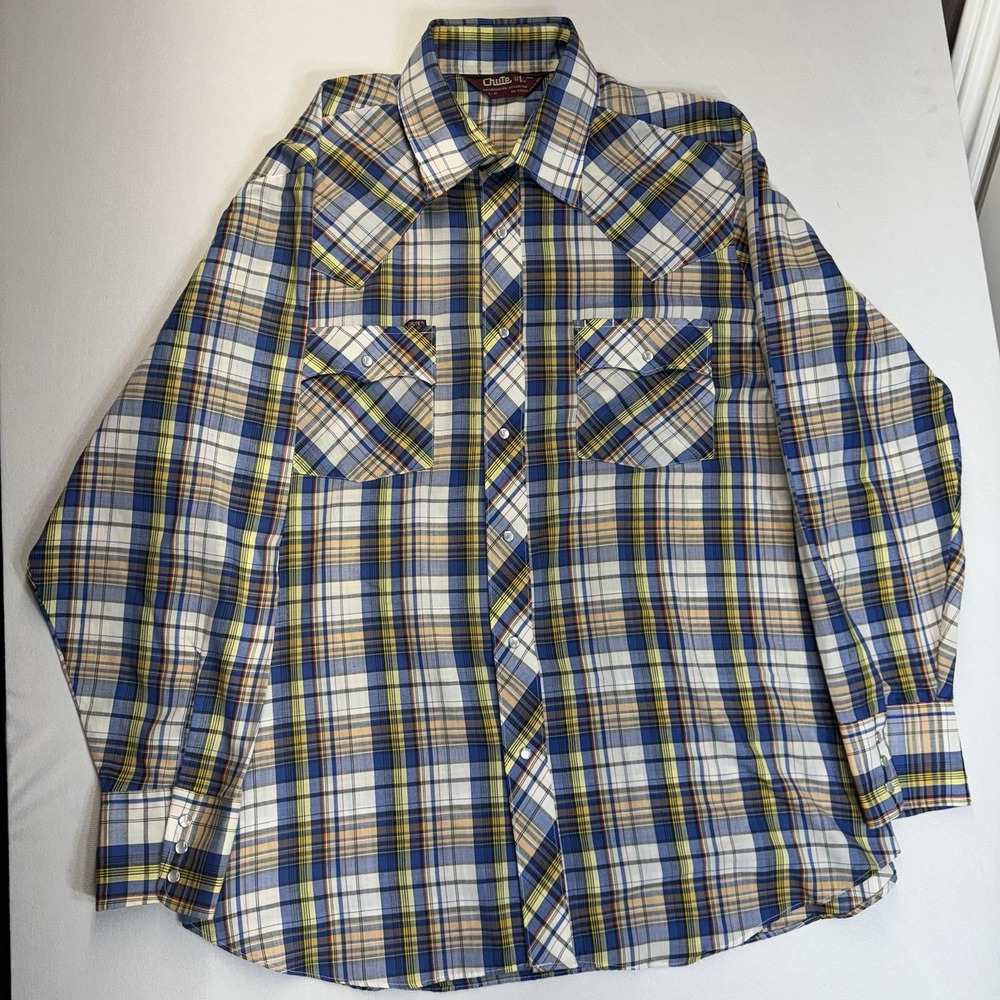 Chute #1‎ Western Shirt Men's XL Blue Orange Yellow Plaid Pearl Snap Vintage